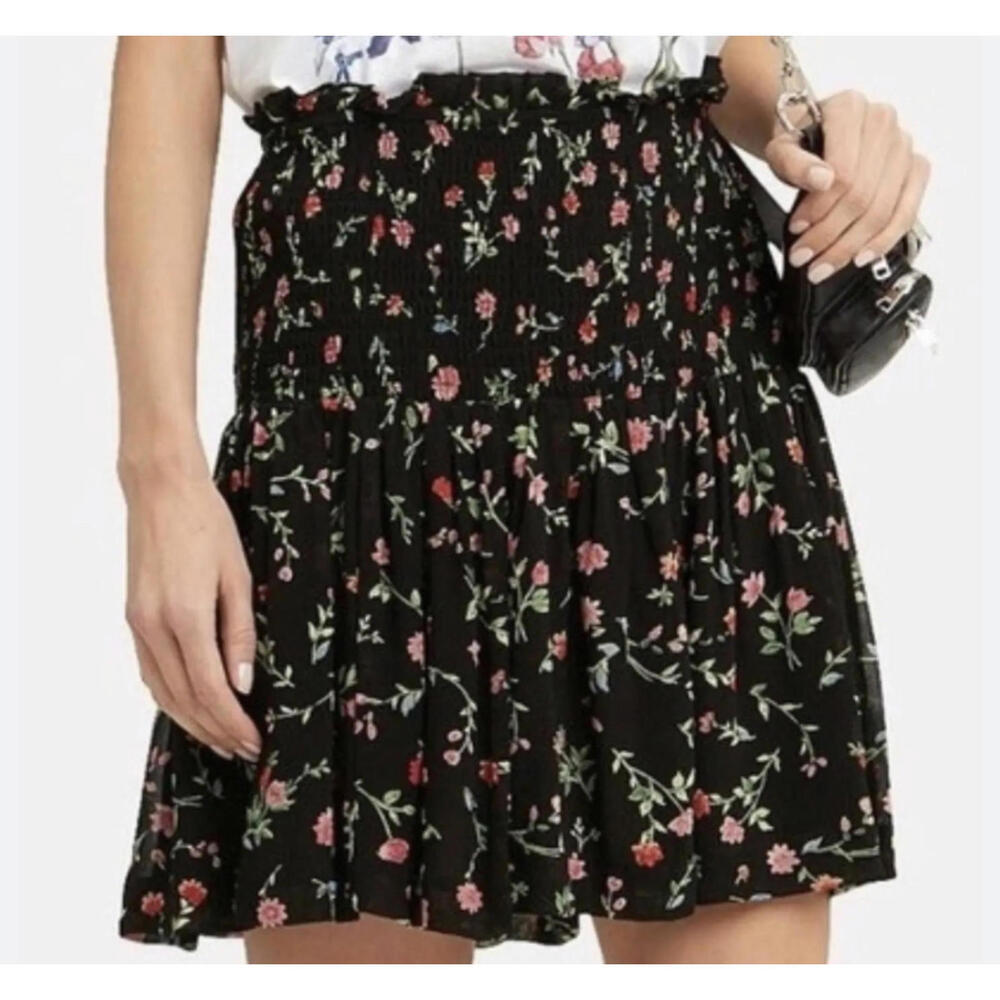 GANNI black floral shirred mini skirt sz 4